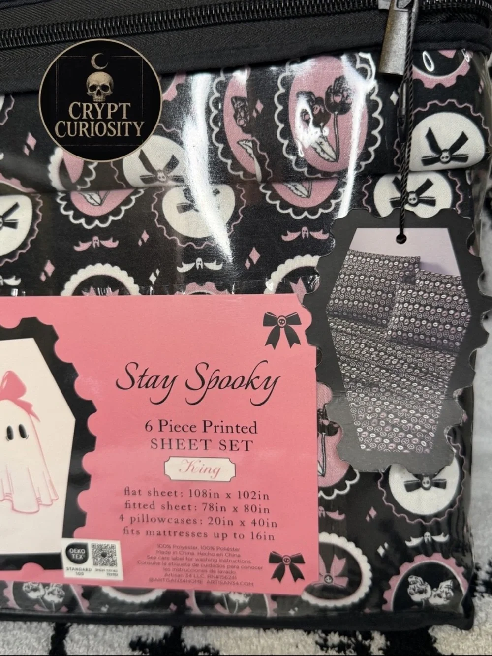 BRAND NEW HALLOWEEN GIRLY BOWS AND SKULLS BED SHEETS 6 PIECE SHEET SET KING